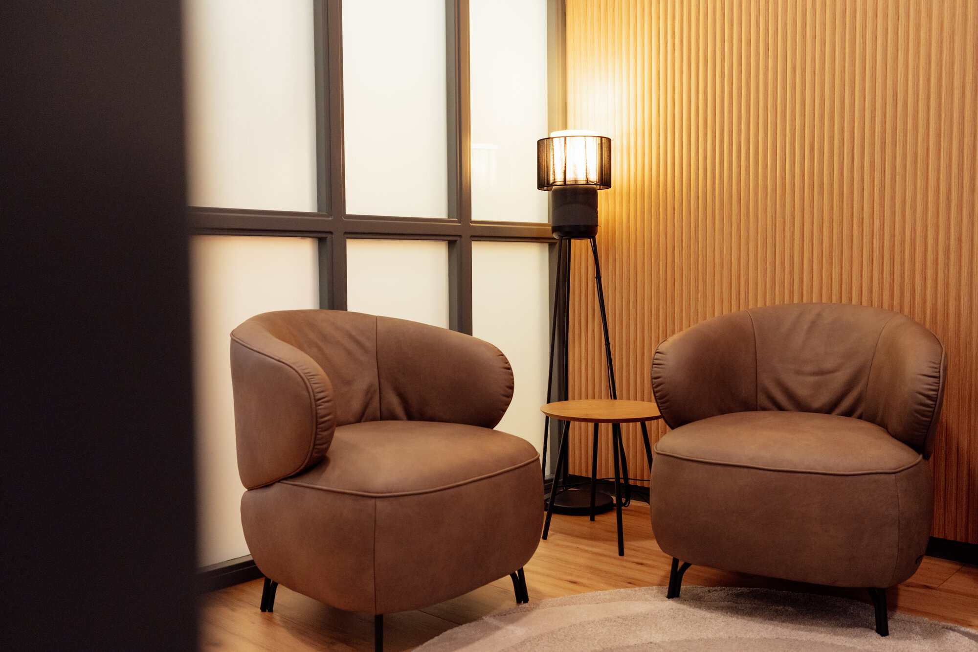 Warm waiting corner with two leather armchairs at the holistic dental practice in Bad Schwartau
